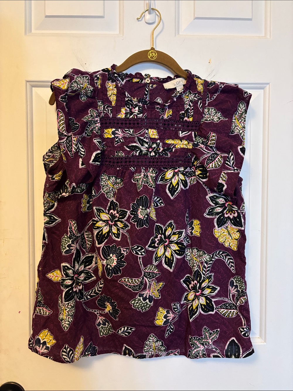 LOFT Floral Ruffle Top in Plum with Yellow Size Small S